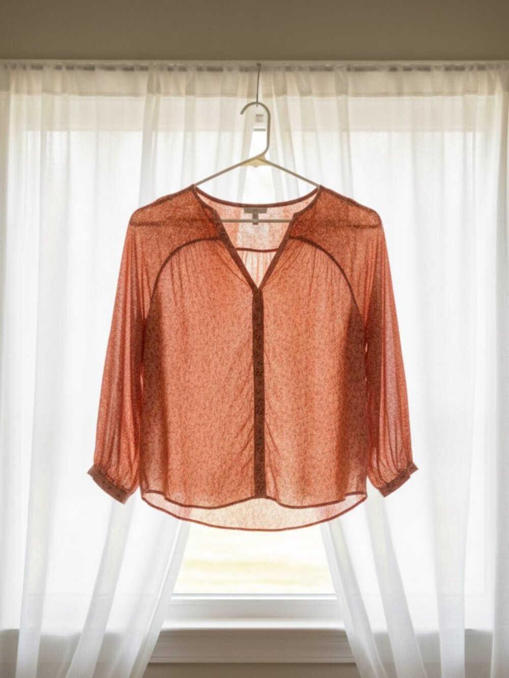 Joie Sheer Silk Blouse With Leaf Print and Hidden Buttons XS